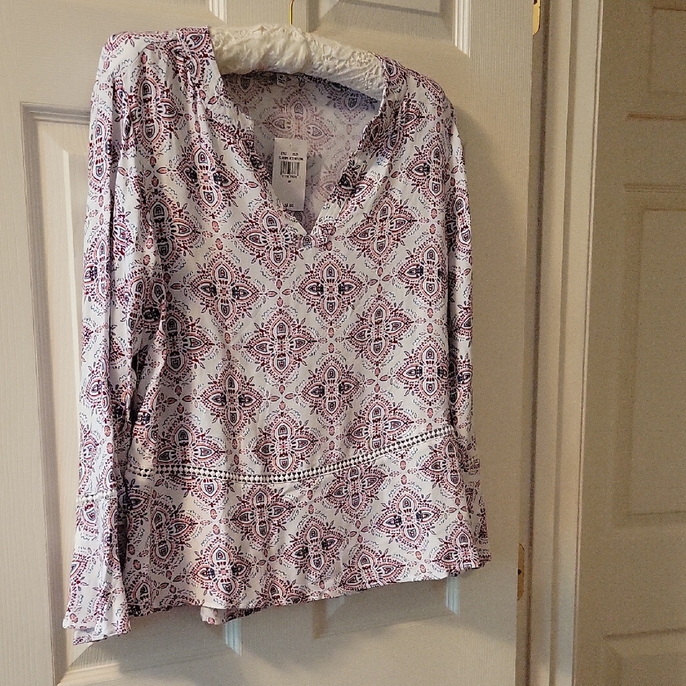 Kim Rogers White Tunic with Purple Medallion Print